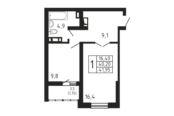 1-комнатная, квартира, 41.95 м²