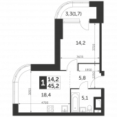 1-комнатная квартира 45,2 м²