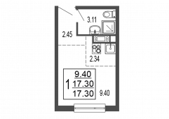 1-комнатная квартира 17,3 м²