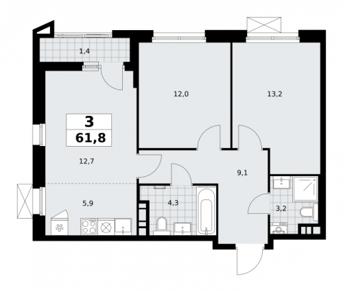 3-комнатная, 61.8 м²