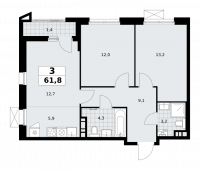 3-комнатная квартира 61,8 м²