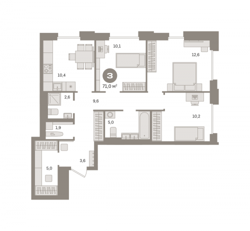 3-комнатная, квартира, 70.97 м²