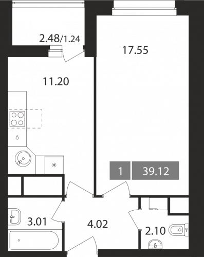 1-комнатная, квартира, 39.12 м²