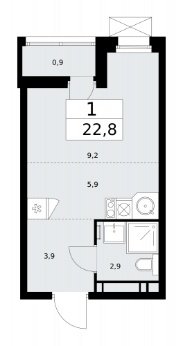 1-комнатная, 22.8 м²