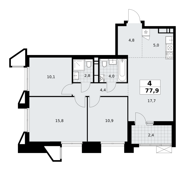 4-комнатная квартира №58К-7.1.4-622, 77,9 м² за 19,09 млн руб. в ЖК «Прокшино» - планировка
