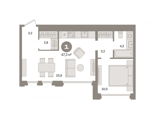 1-комнатная, квартира, 47.3 м²