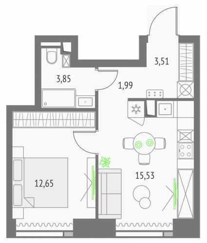 1-комнатная, квартира, 37.53 м²