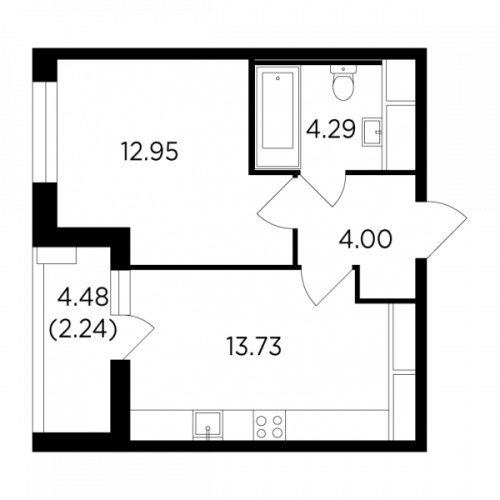 1-комнатная, 37.24 м²
