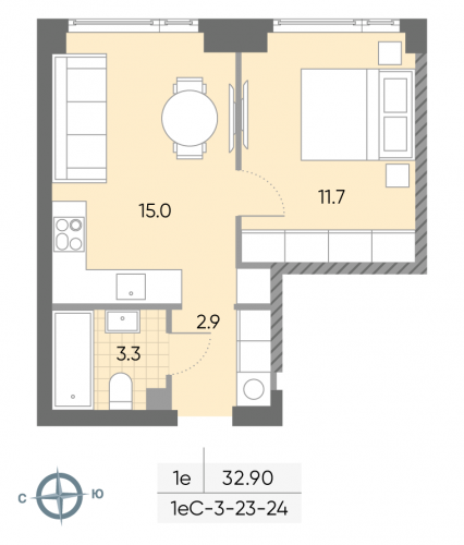 1-комнатная, квартира, 32.9 м²