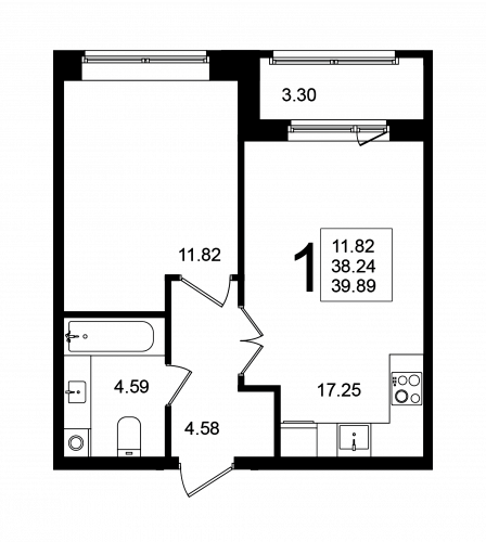 1-комнатная, квартира, 39.89 м²