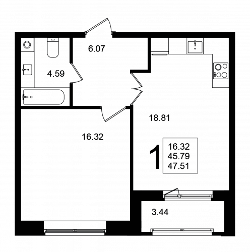 1-комнатная, квартира, 47.51 м²
