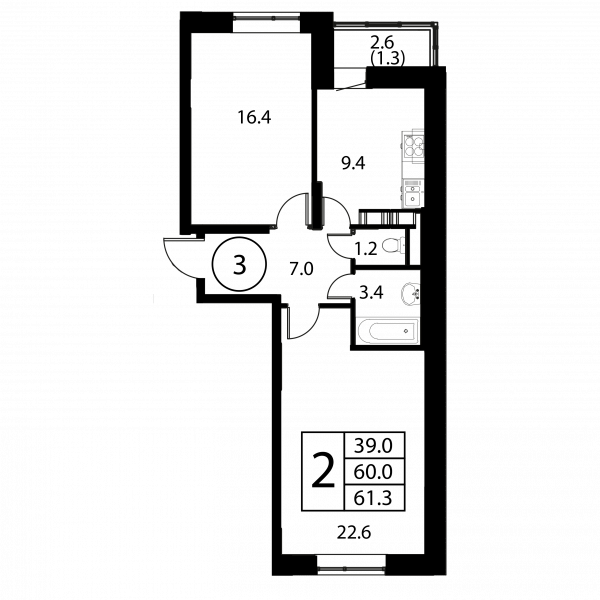 2 комнаты до 61.3