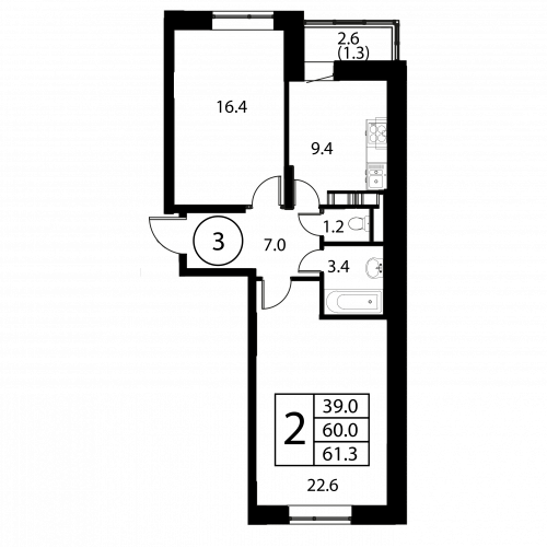 2-комнатная, квартира, 61.3 м²