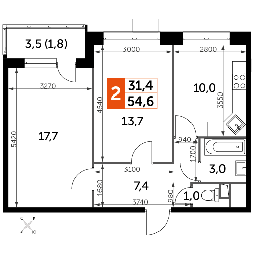 2-комнатная, 54.6 м²