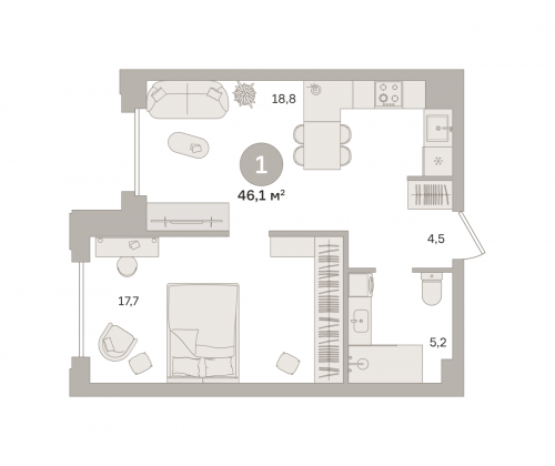 1-комнатная, квартира, 45.63 м²