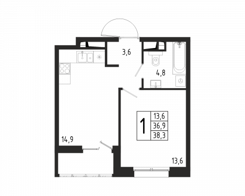 1-комнатная, квартира, 38.3 м²
