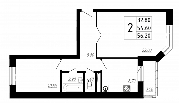 2 комнаты до 56.3