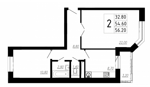 2-комнатная, квартира, 56.2 м²