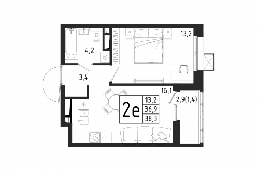 1-комнатная, квартира, 38.3 м²