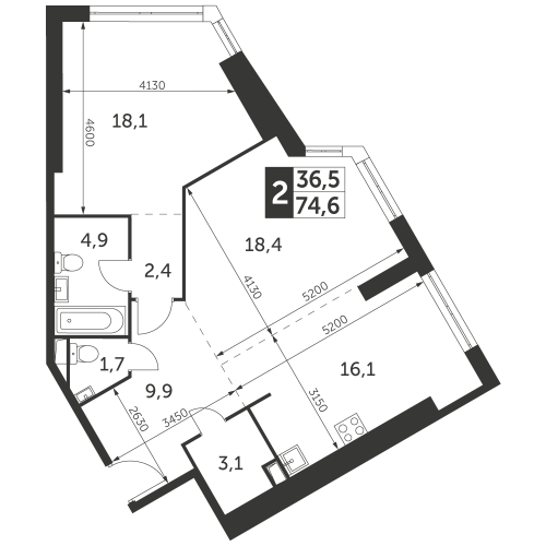 2-комнатная, квартира, 74.6 м²