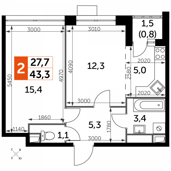 2 комнаты до 43.3