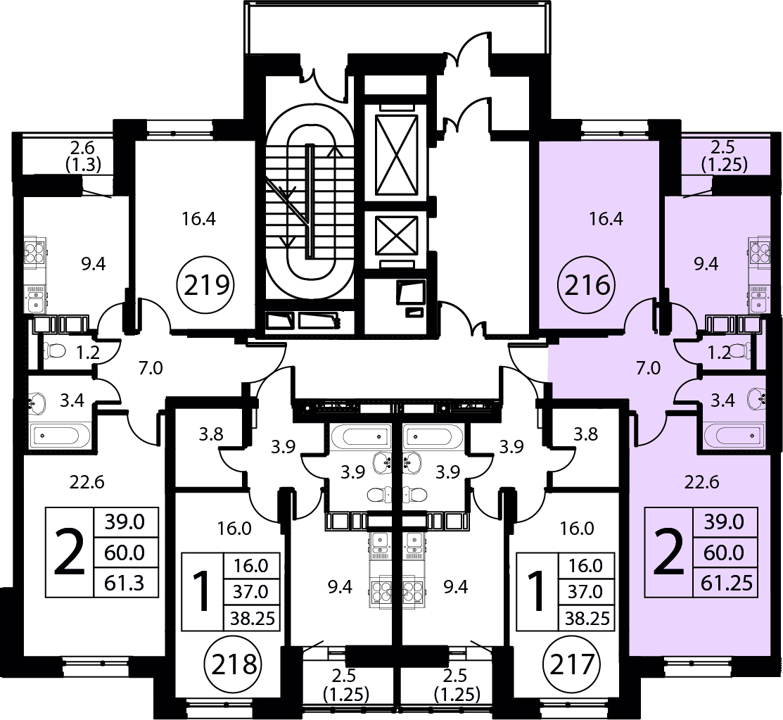 2-комнатная квартира №216, 61,3 м² за 9,37 млн руб. в ЖК «Космос» - планировка