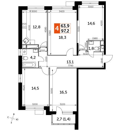 Многокомнатная, 97.2 м²