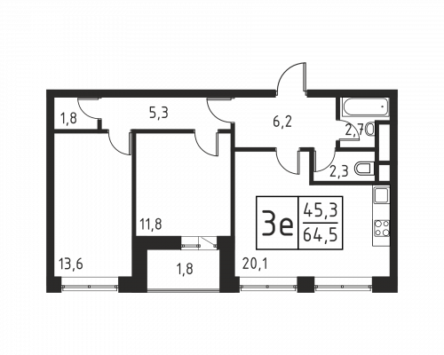 3-комнатная, квартира, 54.2 м²