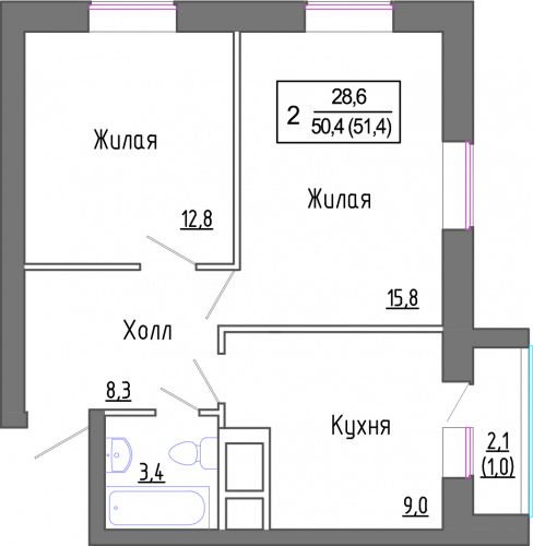 2-комнатная, 50.2 м²