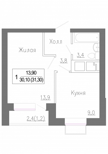 1-комнатная, 31.3 м²