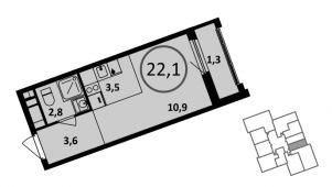 1-комнатная квартира 22,1 м²