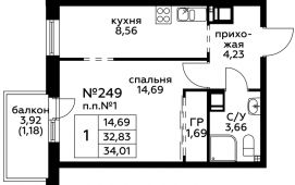 1-комнатная квартира 34,01 м²