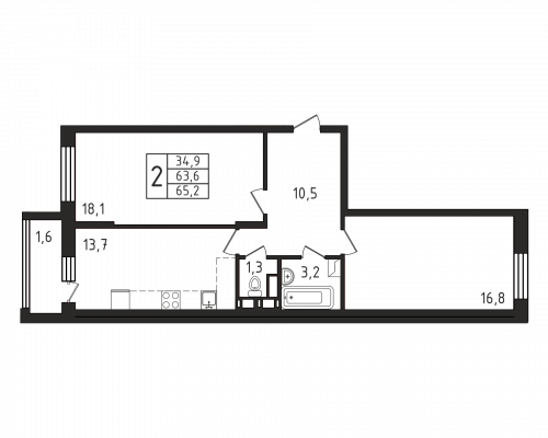 2-комнатная, квартира, 65.2 м²