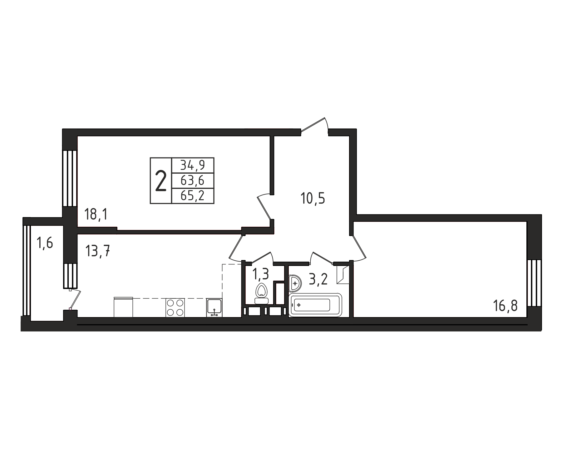 2-комнатная квартира №113, 65,2 м² за 11,10 млн руб. в ЖК «Пироговская Ривьера» - планировка