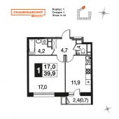 1-комнатная квартира 39,9 м²