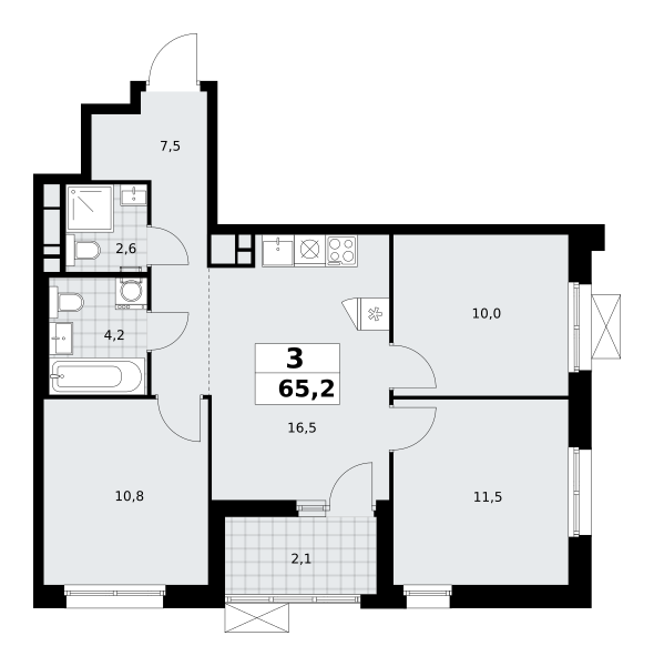 3 комнаты до 65.2
