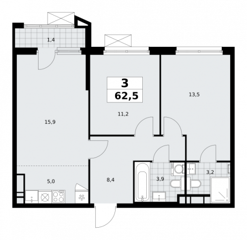 3-комнатная, 62.5 м²