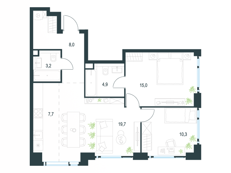 3-комнатные апартаменты №384, 68,8 м² за 35,52 млн руб. в ЖК «Level Мичуринский» - планировка