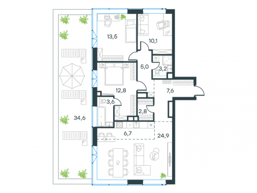 Многокомнатная, 100.9 м²