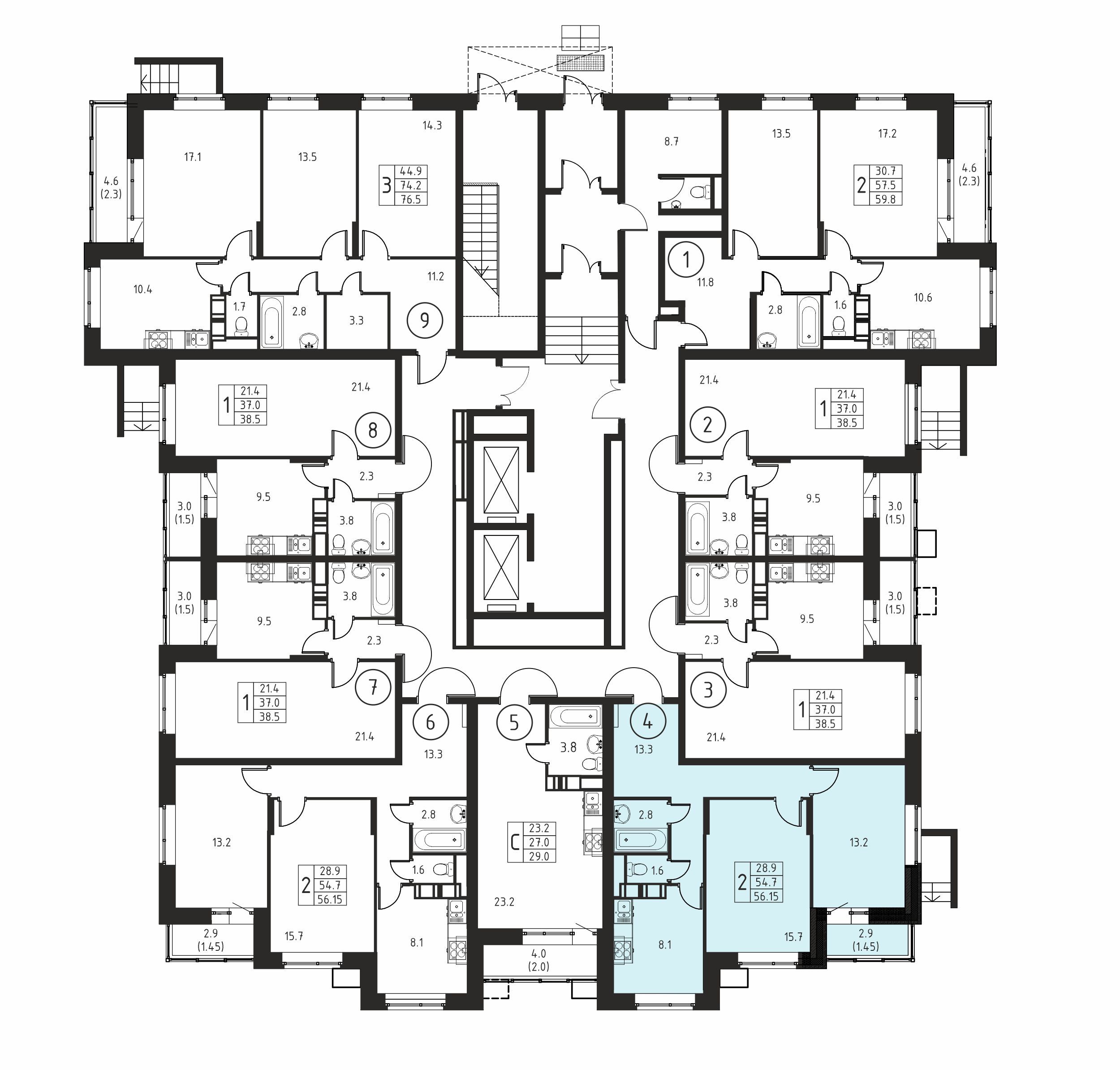 2-комнатная квартира №4, 56,2 м² за 7,97 млн руб. в ЖК «Космос» - планировка