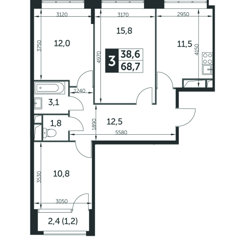 3-комнатная, квартира, 68.4 м²