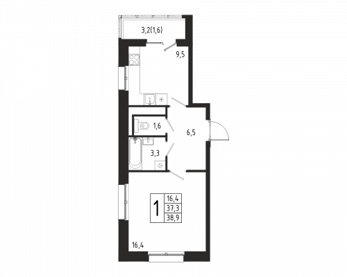 1-комнатная, квартира, 38.9 м²