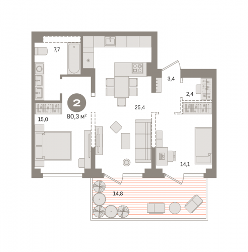 2-комнатная, квартира, 80.3 м²