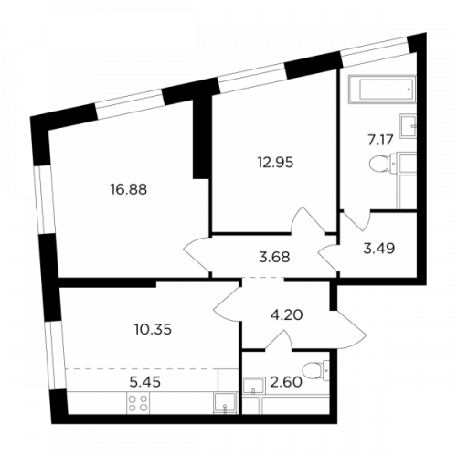 3-комнатная, 66.77 м²