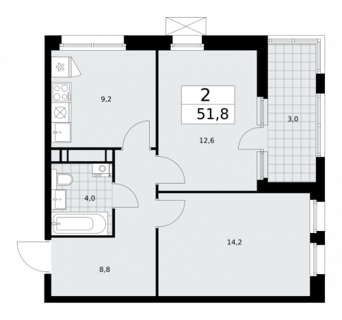 2-комнатная, 51.8 м²