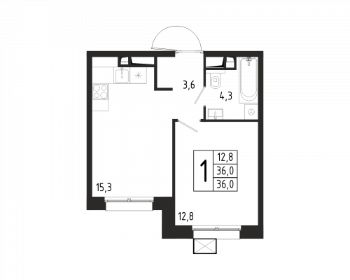 1-комнатная, квартира, 36 м²