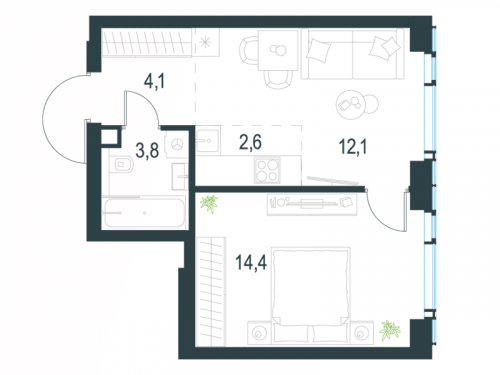 2-комнатная, 37 м²