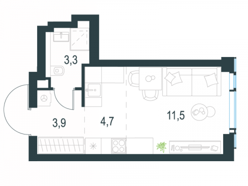 Студия, 23.4 м²