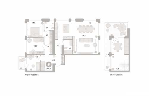 3-комнатная, квартира, 156.3 м²