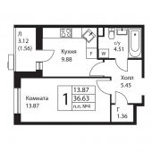 1-комнатная квартира 36,63 м²